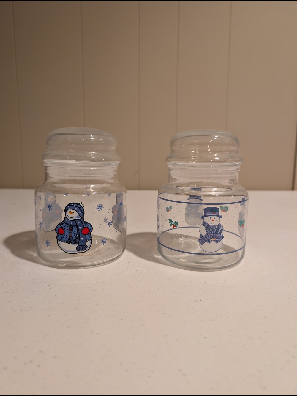 Pair of Festive Snowman Glass Canisters - Blue Accents